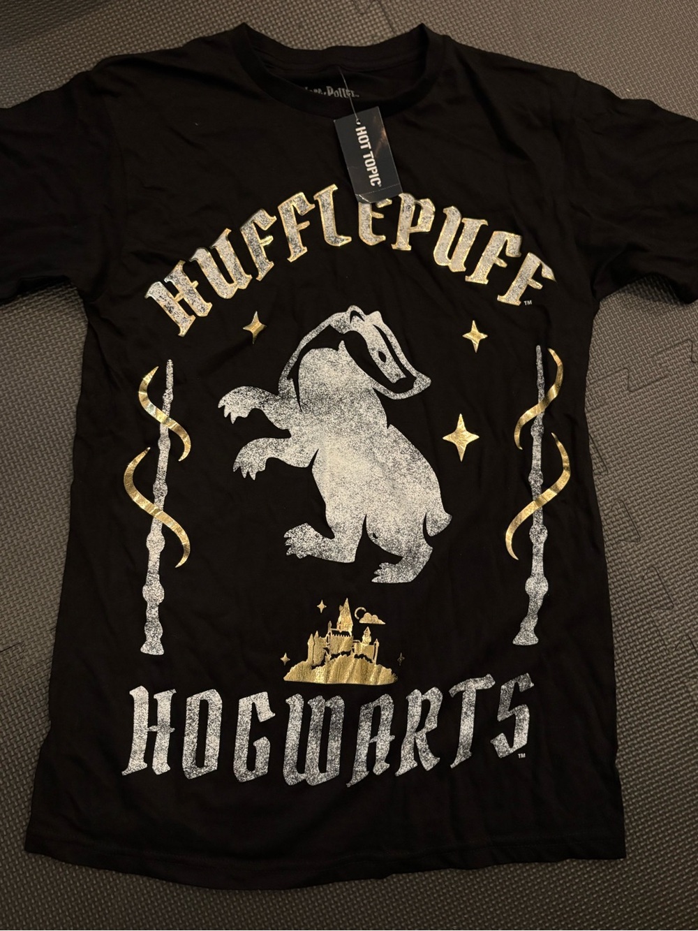 Warner Bros. Hufflepuff Hogwarts Black Tee with Gold & Silver Graphics